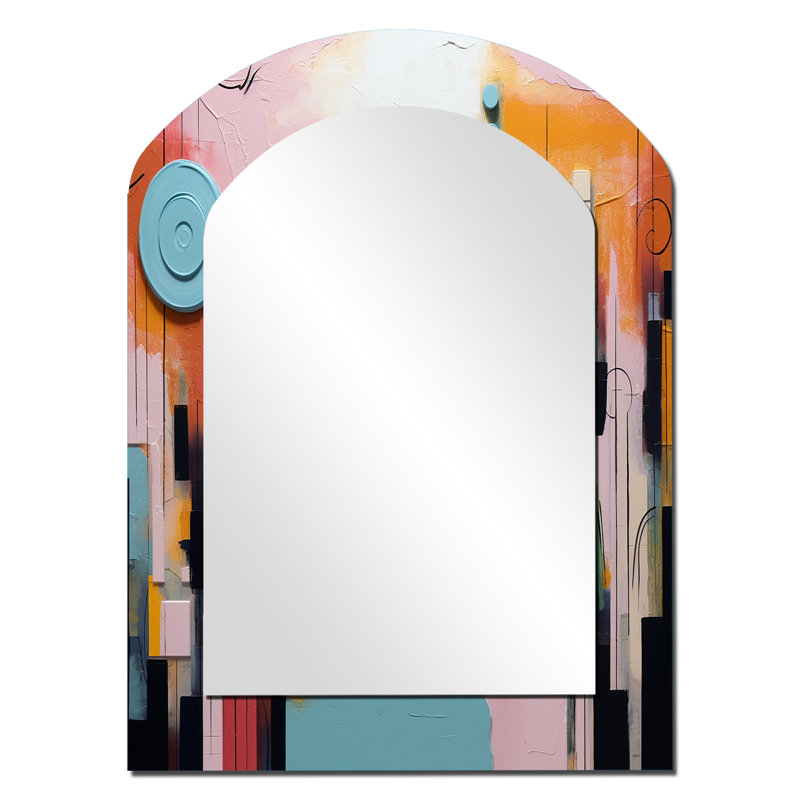 Jeu de formes colorées orange et bleu III - miroir décoratif géométrique asymétrique, miroir arqué moderne, impression d'art en métal