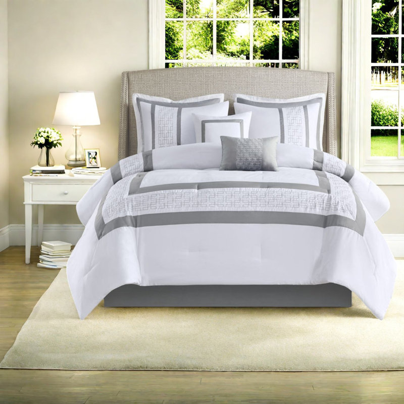 Elegant 8 Piece Bedding Set, Polyester White Comforter, Contemporary Style For Home
