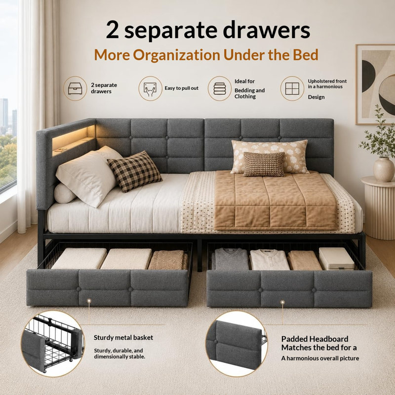Daybed with 2 Drawers & Storage Compartments & Charging Station, 3FT Single Functional Upholstered Bed 90x190 cm, Guest Bed Sofa Beds Youth Beds For Adults & Teenagers, Linen, No Mattress