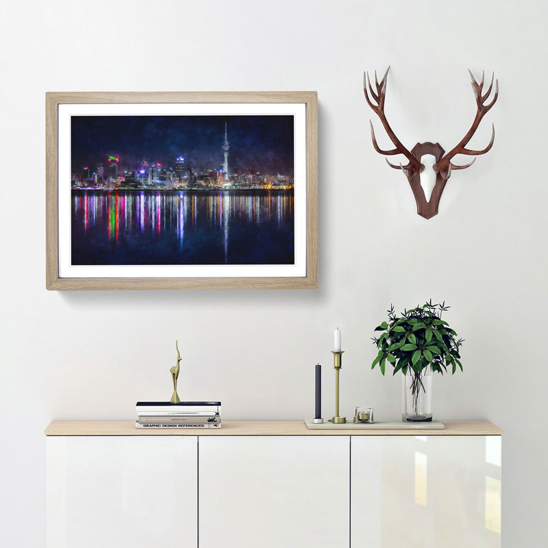 Reflections of the Auckland Skyline - Picture Frame Painting Print, 62cm H x 87cm W x 2cm D, Oak Framed