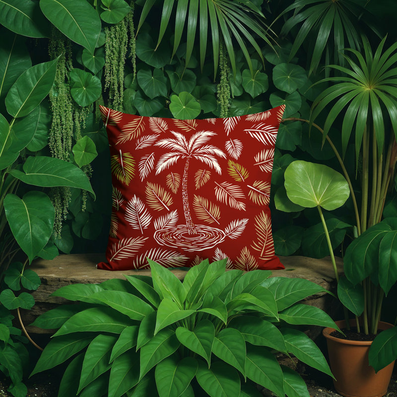 Oreiller carré réversible intérieur / extérieur Palmgroove Palm, Rouge, Carré 15 po