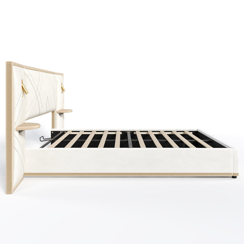 Calviano Upholstered Platform Bed With Wingback Headboard, LED Lighting, And Storage Side Panels, Queen, Beige
