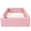 Lit plateforme simple tapissier rose avec station de charge et garde-corps