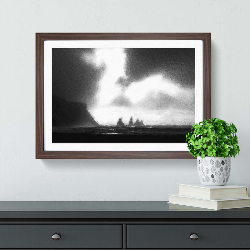 Rock Formations in Vik Iceland - Picture Frame Painting Print, 27cm H x 36cm W x 2cm D, Walnut Framed