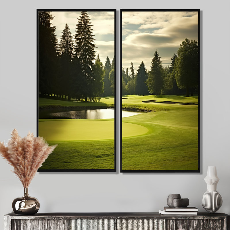 Golf Fairway Serenity - art mural moderne, 40" H x 40" W, Black, Impression encadrée flottante