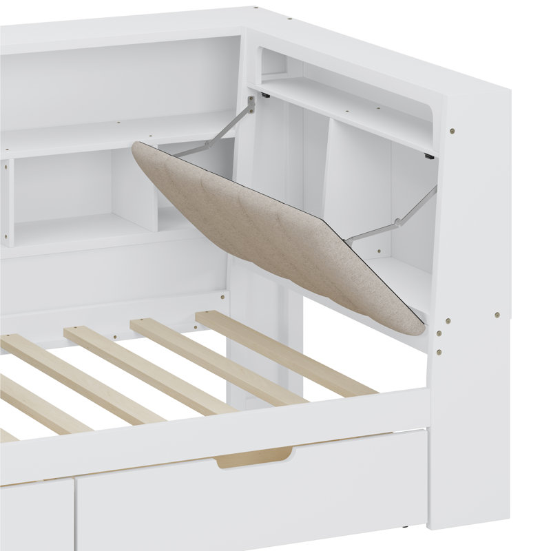 Lit de jour en L avec rangement caché et bureau intégré, Lit simple, Blanc