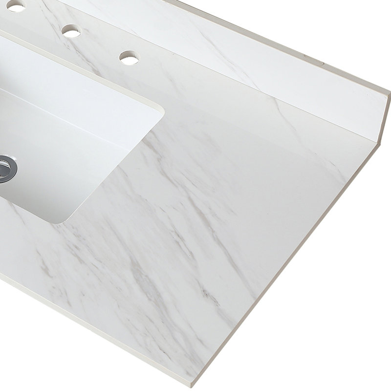 Plateau de meuble-lavabo en pierre frittée blanche de 43 pouces avec dosseret de 4 po et surface facile - dosseret, trou de robinet pré-percé, lavabo rectangulaire,
