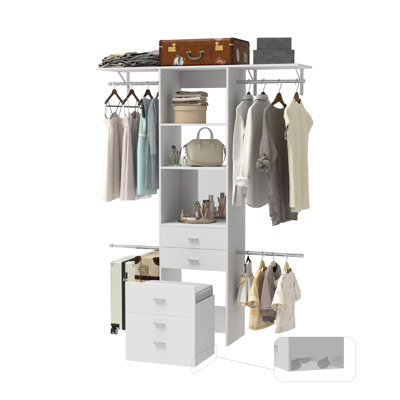 Adjustable 73" Closet Organizer Tower With Drawers, Shelves & Extendable Hanging Rods, Open Wardrobe System For 28.46–60.86" Wide Spaces, White