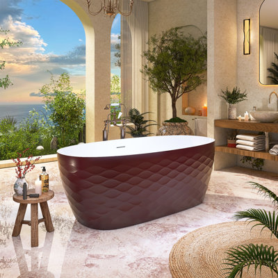 67'' x 31.5'' Freestanding Soaking Acrylic Bathtub with Scalloped Pattern Design, Matte Brown