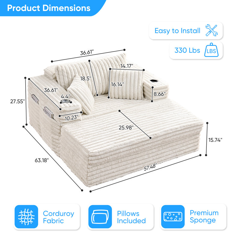Fauteuil inclinable de 63 po avec porte-gobelet et poche latérale - velours côtelé et fausse fourrure, support à 4 zones, 330 lb