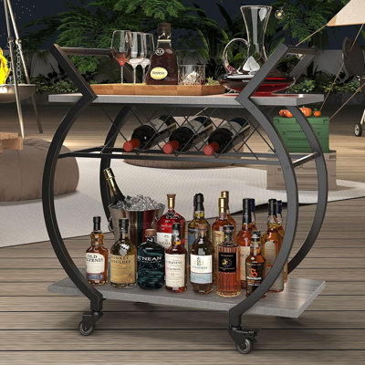 2-Tier Farmhouse Kitchen Cart With Wine Rack, Rolling Wood And Metal Coffee And Serving Cart With Storage Shelf – Grey Oak