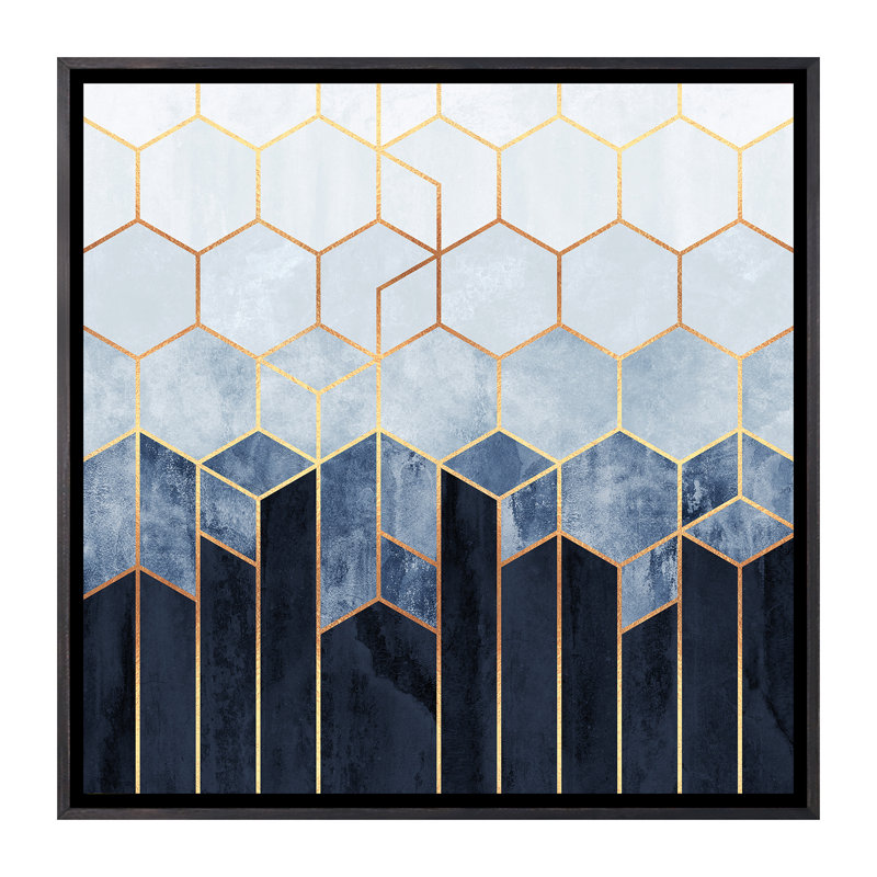 « doux blue hexagones » par elisabeth fredriksson-print, H 26 po x l 26 po x P 1,5 po, Toile avec cadre noir patiné