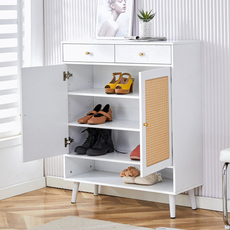 Armoire décorative Quiana, armoire à chaussures en rotin moderne, armoire de rangement avec portes et tablettes, Blanc