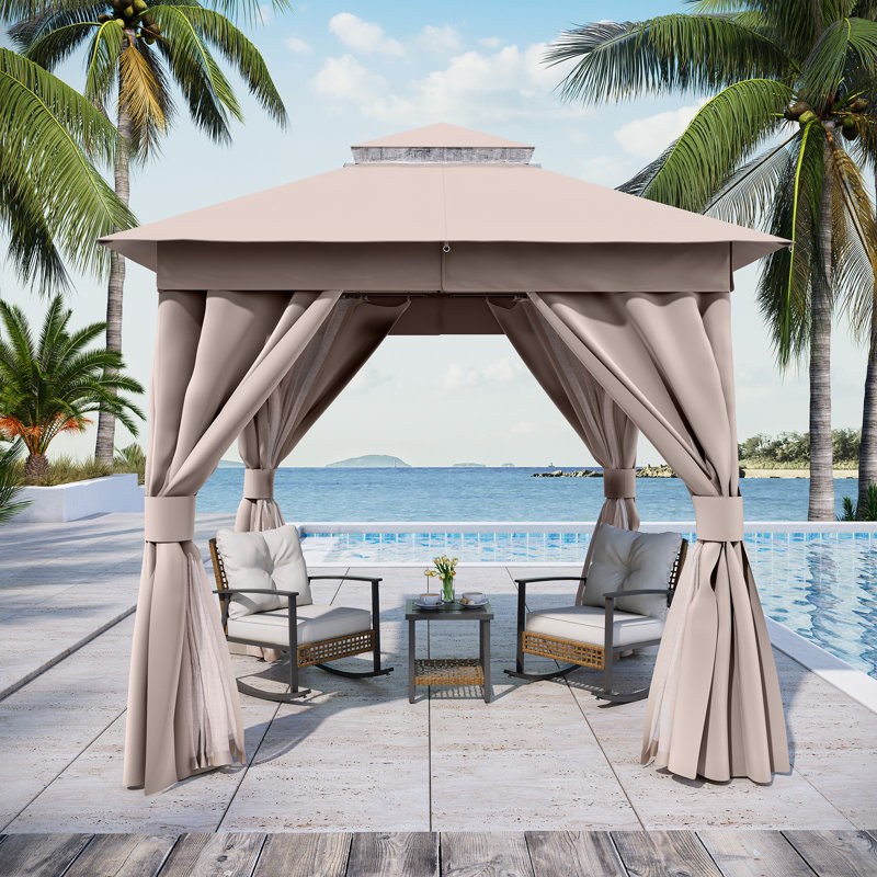 Pavillon de jardin extérieur Decksplore avec double toit, moustiquaire, rideaux d'intimité et structure en métal robuste
