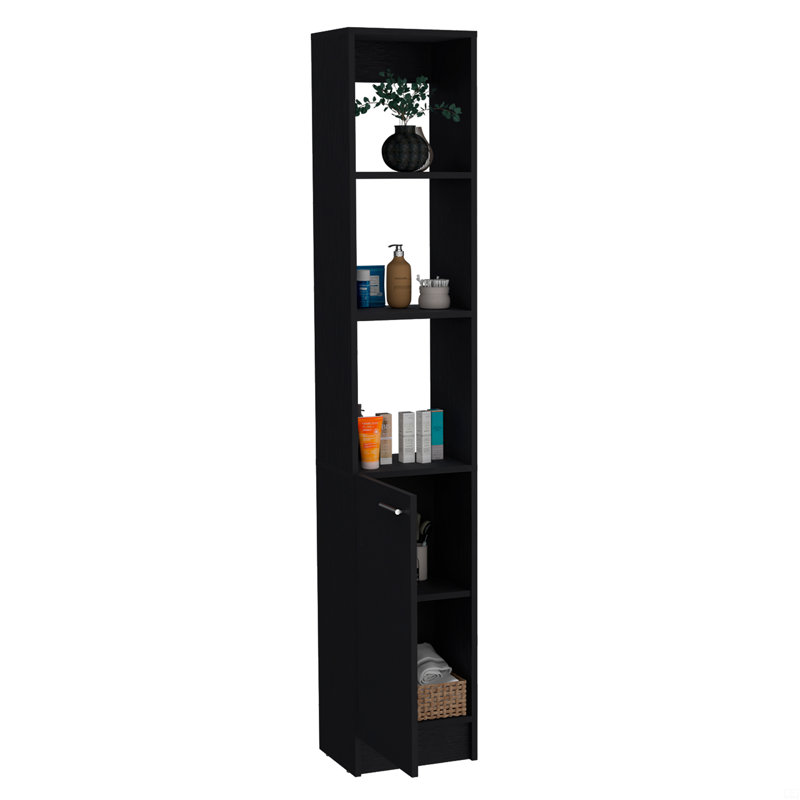 Armoire de rangement en lin avec une porte, armoire de salle de bain haute avec 6 tablettes, Noir