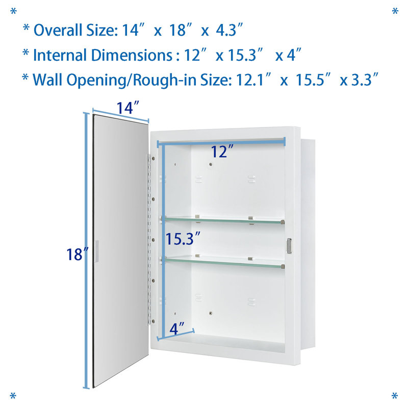 Armoire à pharmacie de salle de bain avec porte en miroir à bord biseauté 14 X 18 pouces, encastrée ou en surface, avec tablettes en verre réglables