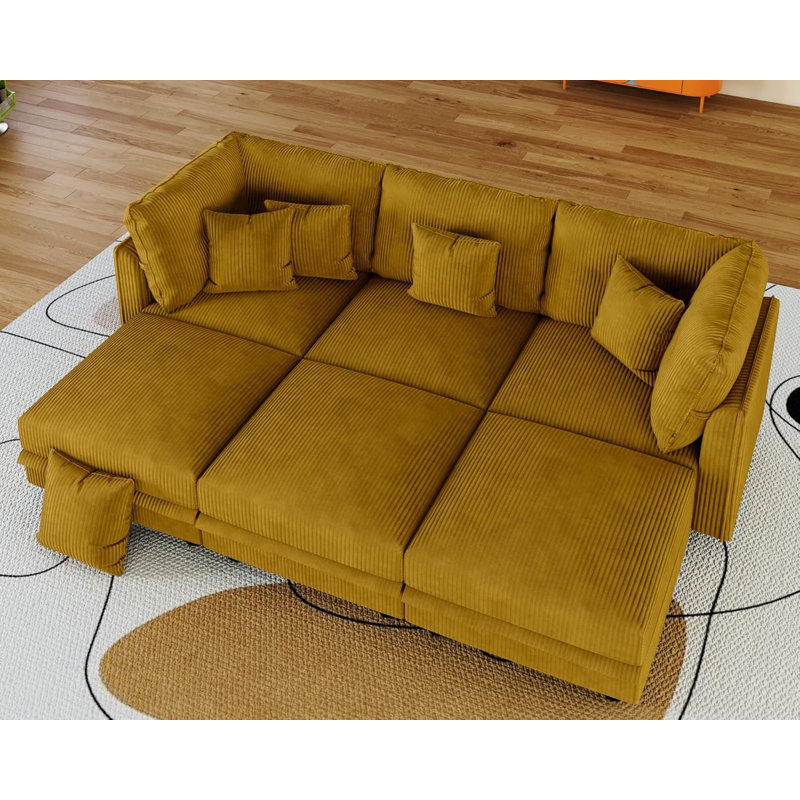 Canapé-lit modulaire convertible en velours côtelé avec rangement Degennaro, Velours côtelé jaune