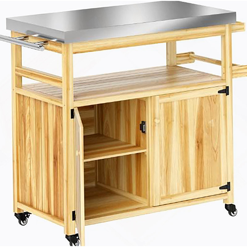 Solid Wood Outdoor Kitchen Island With Stainless Steel Top, Wheels, And Storage Cabinets For Versatile Cooking And Entertaining