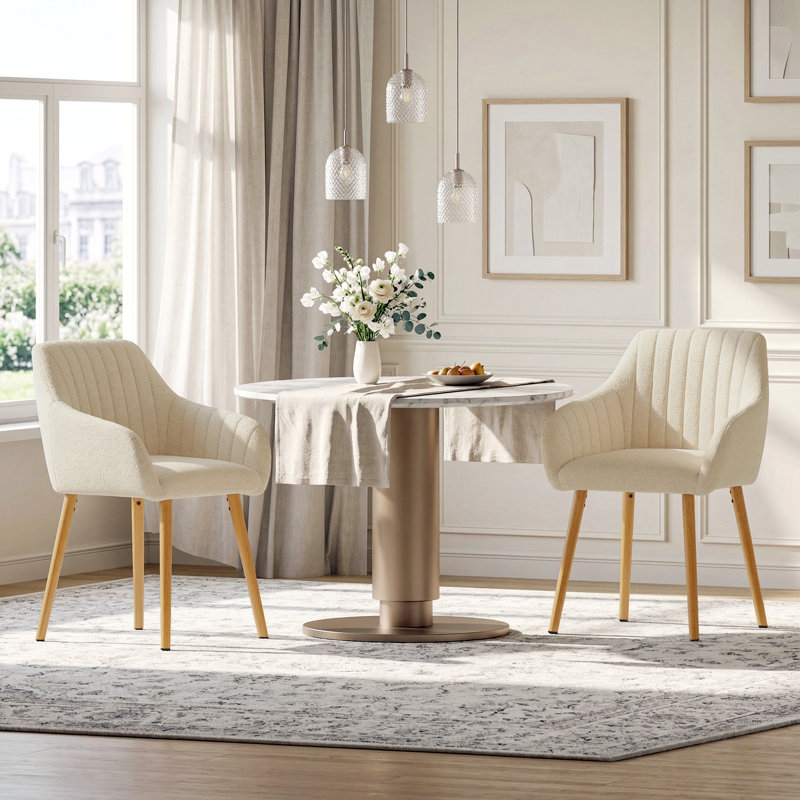 49.5cm H Upholstered Dining Chairs With Wooden Legs, 2, Cream Chenille/Natural