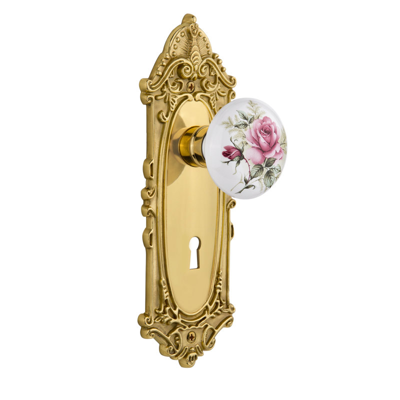 Victorian Plate with Decorative Keyhole and White Rose Porcelain Door Knob, 2-3/4”, Polished Brass