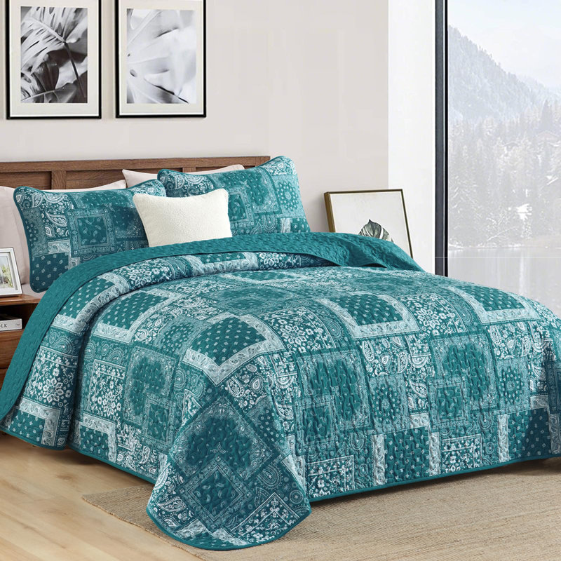 Ensemble de courtepointe 3 pièces à motif floral et motif cachemire Boho, Courtepointe pour très grand lit et 2 taies d'ore