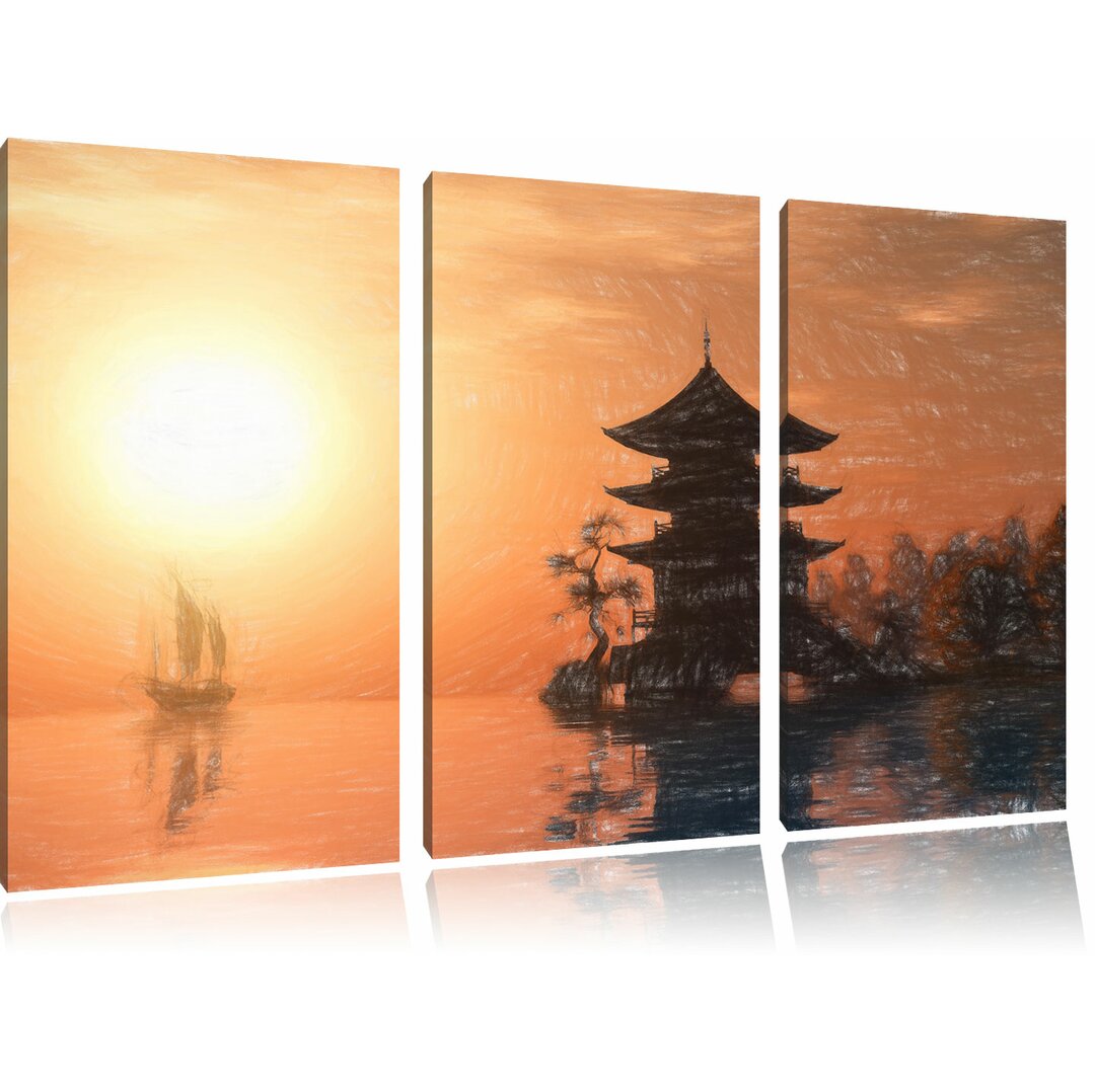 3-tlg. Leinwandbilder-Set „Chinesisches Haus am See“, Grafikdruck