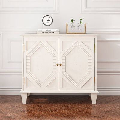 Buffet avec panneau de rangement en bois aggloméré avec rangement, armoires de présentation géométriques symétriques, console média pour le salon / le vestibule / la salle à manger / la cuisine, blanc antique