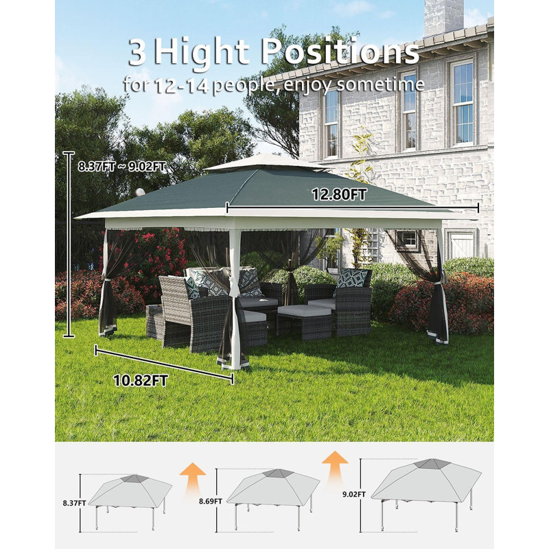 13x13FT Pop-Up Gazebo with Mosquito Netting, Waterproof UV50+ Outdoor Canopy Tent, Adjustable Height Patio Pergola