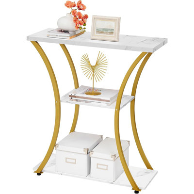3 Tier Console Table With Open Wood Shelves, Decorative Entryway Table With Curved Metal Frames, Narrow Sofa Table For Entrance, Living Room, Hallway, Gold And White Marbled