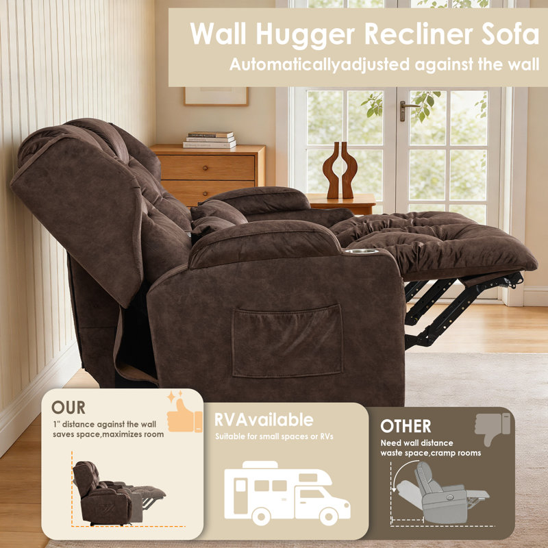Ensemble de canapé inclinable en tissu de velours 2 pièces avec porte-gobelet de rangement et station de charge, Brown