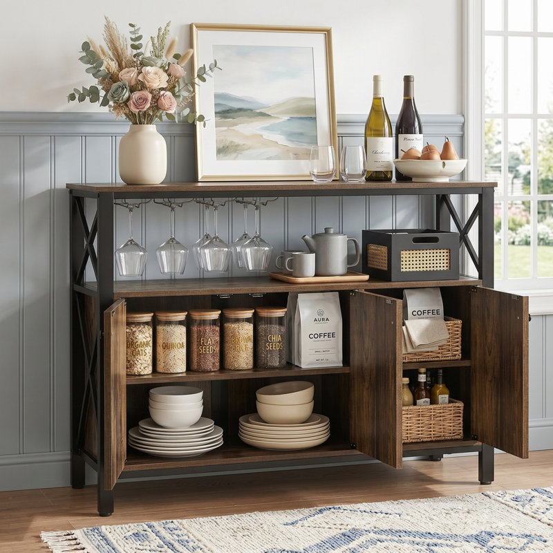 45.3" Buffet Cabinet With Storage, Farmhouse Kitchen Sideboard Cabinet With 2 Doors, Adjusatable Shelf, Coffee Bar Cabinet With Wine Glass Rack For Living Room