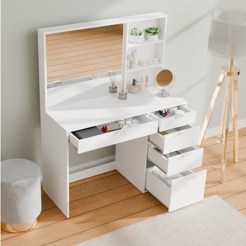Jewel Modern Vanity Table with Mirror and Drawers, 53.5"W Makeup Desk