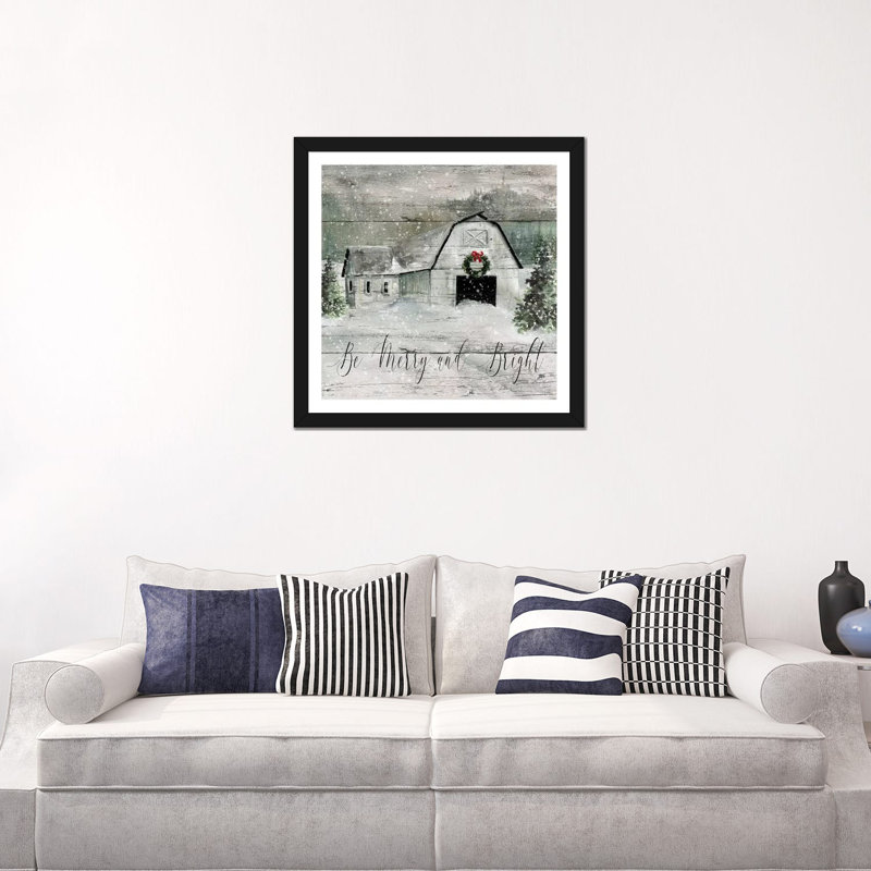 «Merry and Bright Barn» par Carol Robinson - reproduction imprimée, Blanc, H 24 po x l 24 po x p 1 po, Papier encadré noir