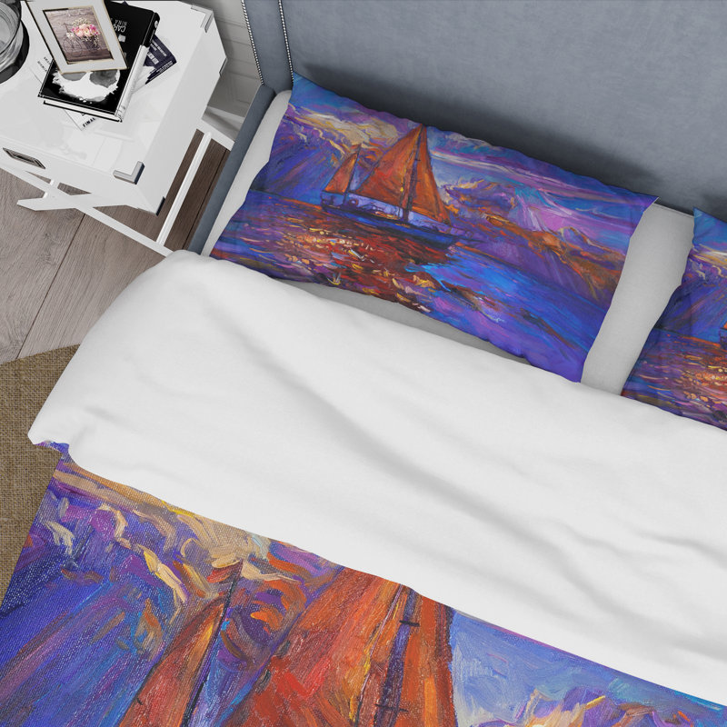 Red Sail Ship On Purple Sunset - Ensemble de housse de couette nautique et côtier - Polyester en microfibre