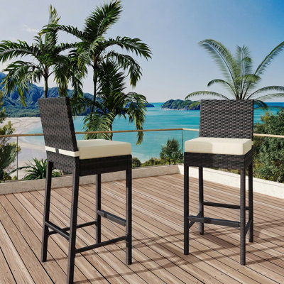 Patio Wicker Barstools with Cushions, Outdoor Wicker Bar Stools Set of 2, Outdoor Rattan Bar Height Stool Set Armless for Backyard, Poolside