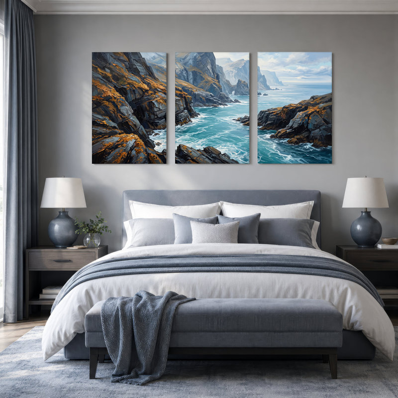 Ensemble de 3 toiles grises et rouillées sur l'eau turquoise de l'océan, H 36 po x l 24 po x 3 pièces