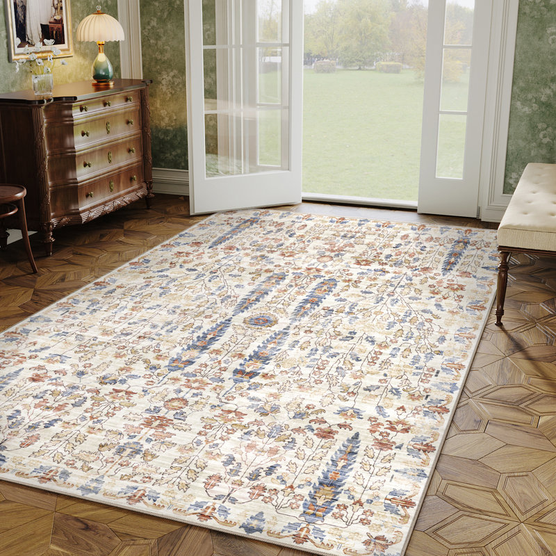 Cherry Machine Washable Oriental Area Rug for Living Room with Non-Slip Backing, Rectangle 5' x 7'