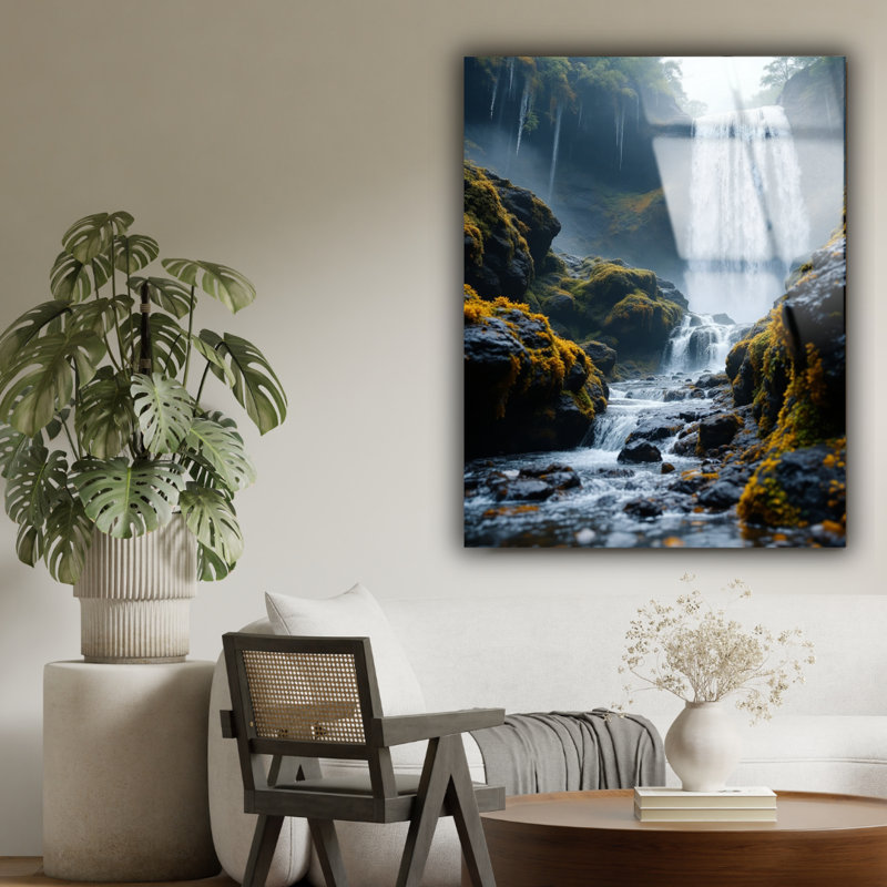 Cascade dans la forêt - art en verre trempé naturel, H 30 po x l 20 po