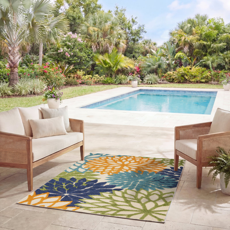 Tapis intérieur/extérieur Alsaedi floral vert/bleu/orange, Rectangle 2 pi 8 po x 4 pi