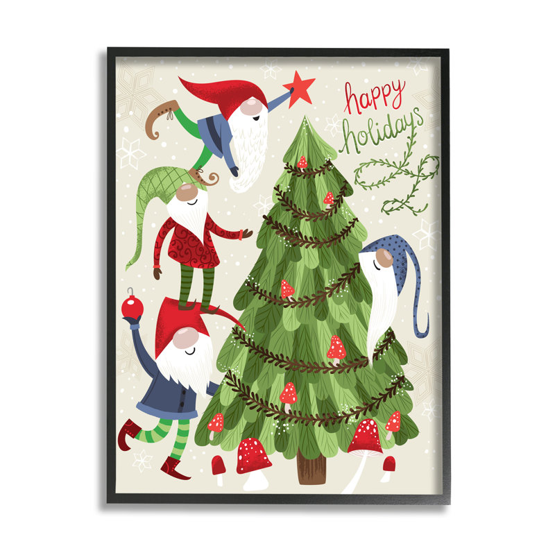 Joyeuses fêtes, gnomes de Noël, champignon, arbre noir, art numérique sur estampe numérique par Arrolynn Weiderhold
