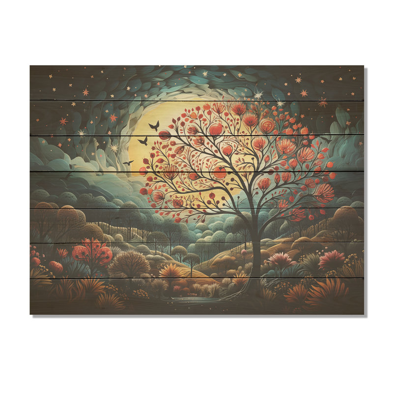 Blue Horizon Of Heart Trees Landscape I - Tree On Wood Print, 34" H x 44" W x 0.78" D