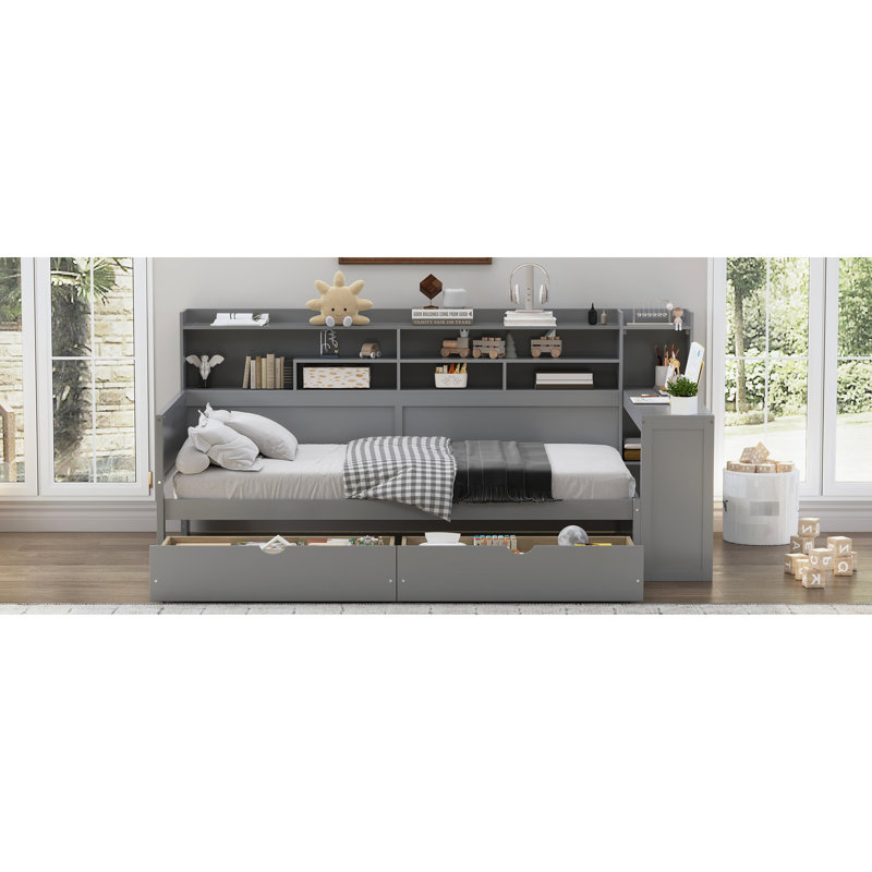 Lit de jour simple en bois gris avec tablettes de rangement, deux tiroirs et un bureau d'étude pour la chambre à coucher