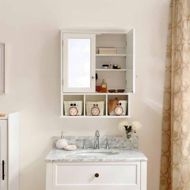 Armoire de rangement en bois, rangement pour salle de bain à 2 portes, armoires à pharmacie avec miroir, tablette ajustable avec portes et 3 paniers de style mural