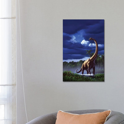 A Startled Brachiosaurus Splashes Through A Swamp Against A Stormy Sky by Jerry LoFaro - Wrapped Canvas Gallery-Wrapped Canvas Giclée