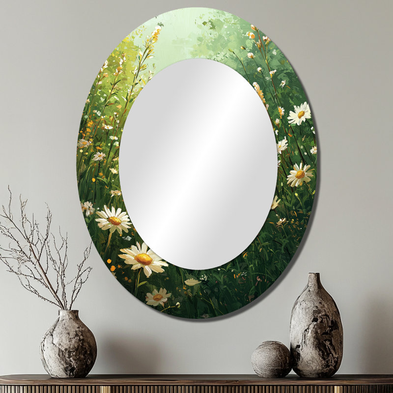 White Country Daisies Dream - White Modern Oval Wall Mirror, 40" x 30"