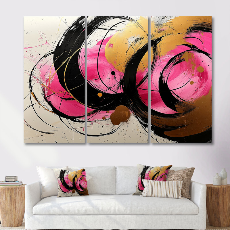 Abstrait cercles dans des tons roses et dorés VII - ensemble de reproductions d'art abstrait, Toile tendue