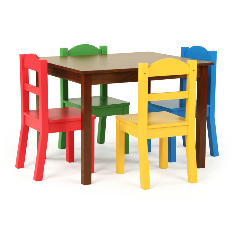 Kids 5 Piece Rectangular Play Or Activity Table and Chair Set, Dark Walnut/Green/Yellow/Red