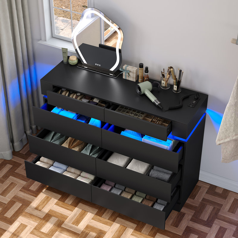Naryan 8-Drawer 47.3" W Dresser with Power Outlet, Bedroom Dresser with LED Light, Black