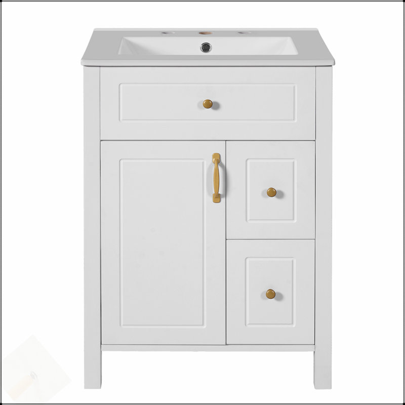 Meuble-lavabo de 24 pouces avec lavabo en céramique, tiroirs à fermeture en douceur et supports de rangement doubles pour des salles de bain élégantes et pratiques