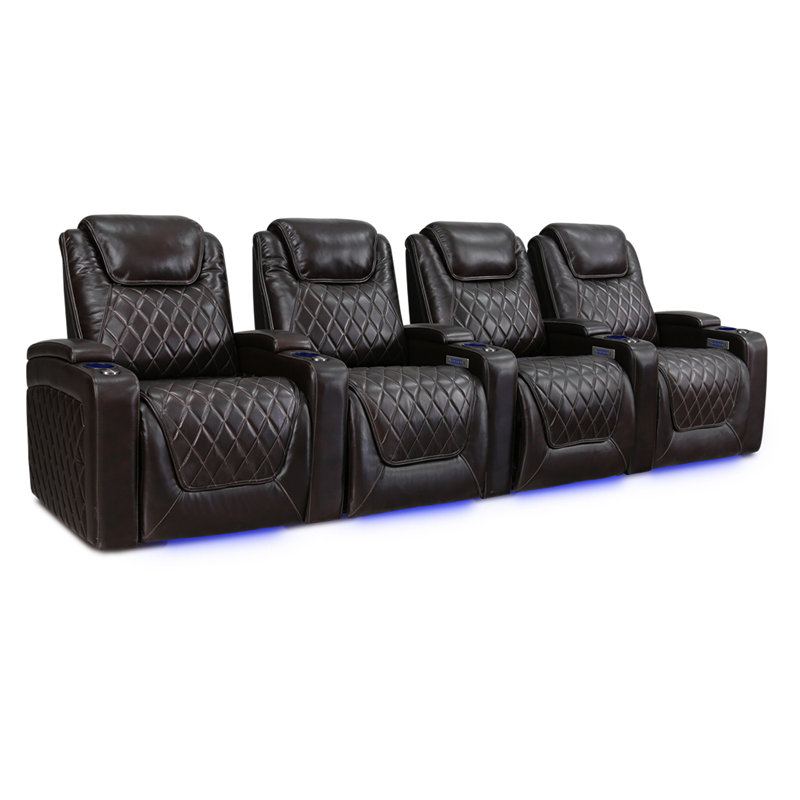 Siège de cinéma inclinable électrique en cuir véritable de 130,75 po de largeur avec porte-gobelet, Chocolat noir